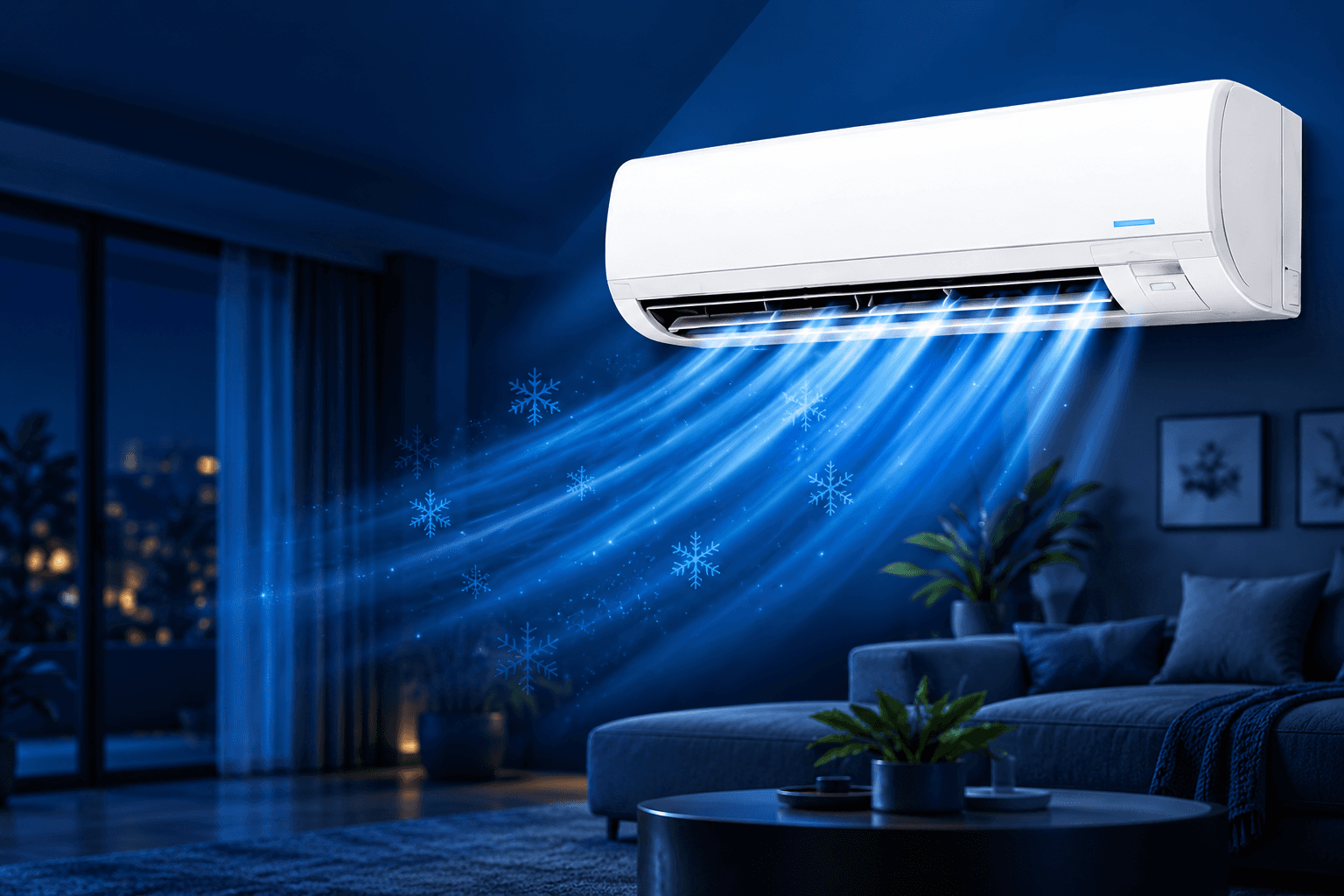 Ilustrasi aircond dengan aliran udara biru dalam ruang tamu